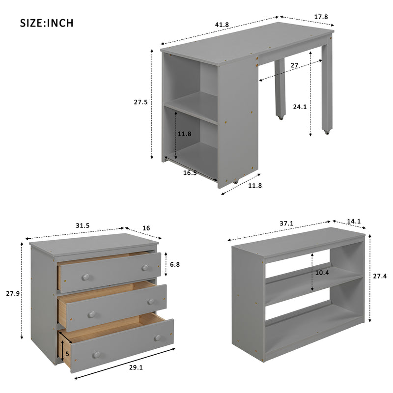 Low Study Twin Loft Bed with Cabinet and Rolling Portable Desk