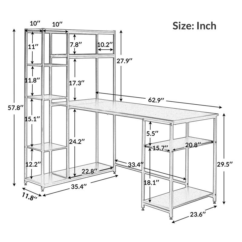 Office Computer desk with multiple storage shelves, Modern Large Office Desk with Bookshelf and storage space