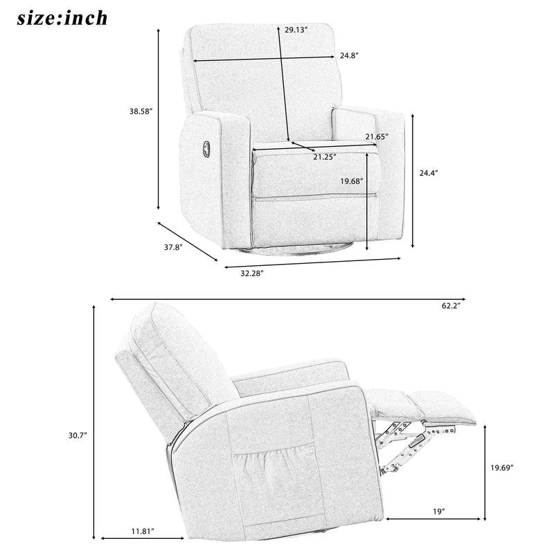 Manual Recliner Chair, 360° Swivel and Rocking Accent Chair - Bedroom & Living Room Reclining Sofa