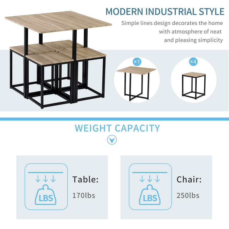 5 Piece Dining Set, Bar Table Set for 4, Bar Table with 4 Bar Stools, Industrial for Kitchen/Living Room/Bar/Restaurant, Oak+Black