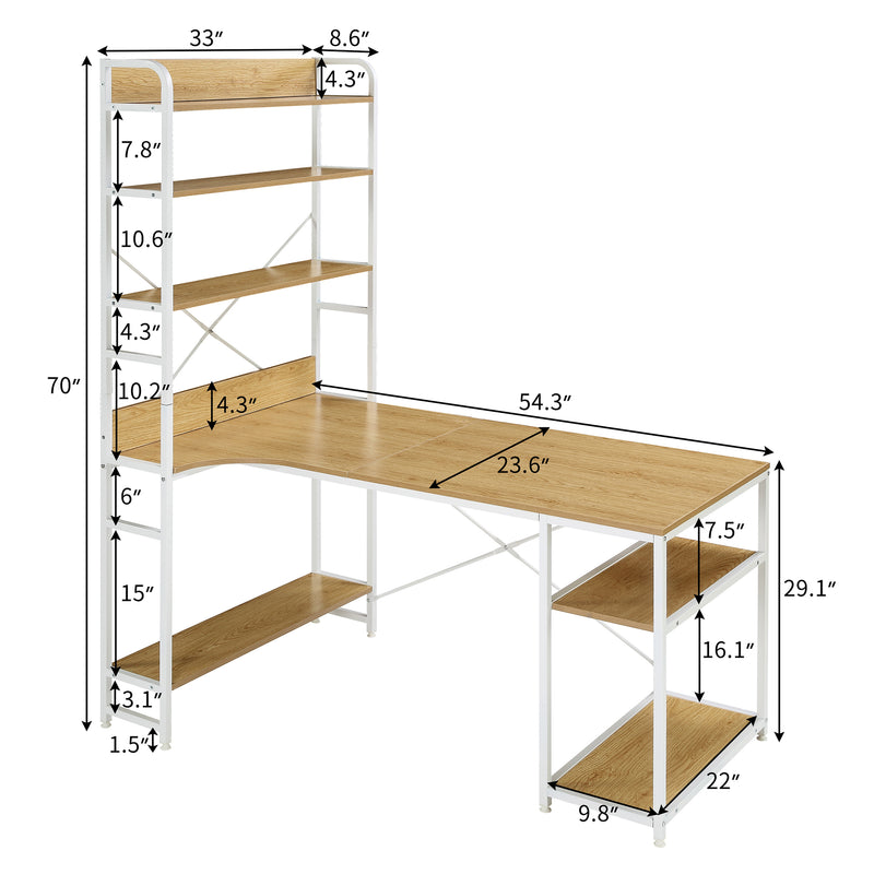 Home Office computer desk——Steel frame and MDF board/5 tier open bookshelf/Plenty storage space