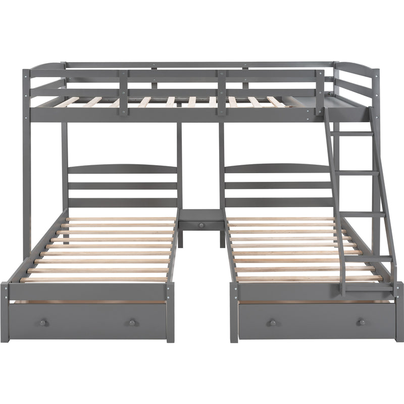 Full over Twin & Twin Bunk Bed,Triple Bunk Bed with Drawers, Gray