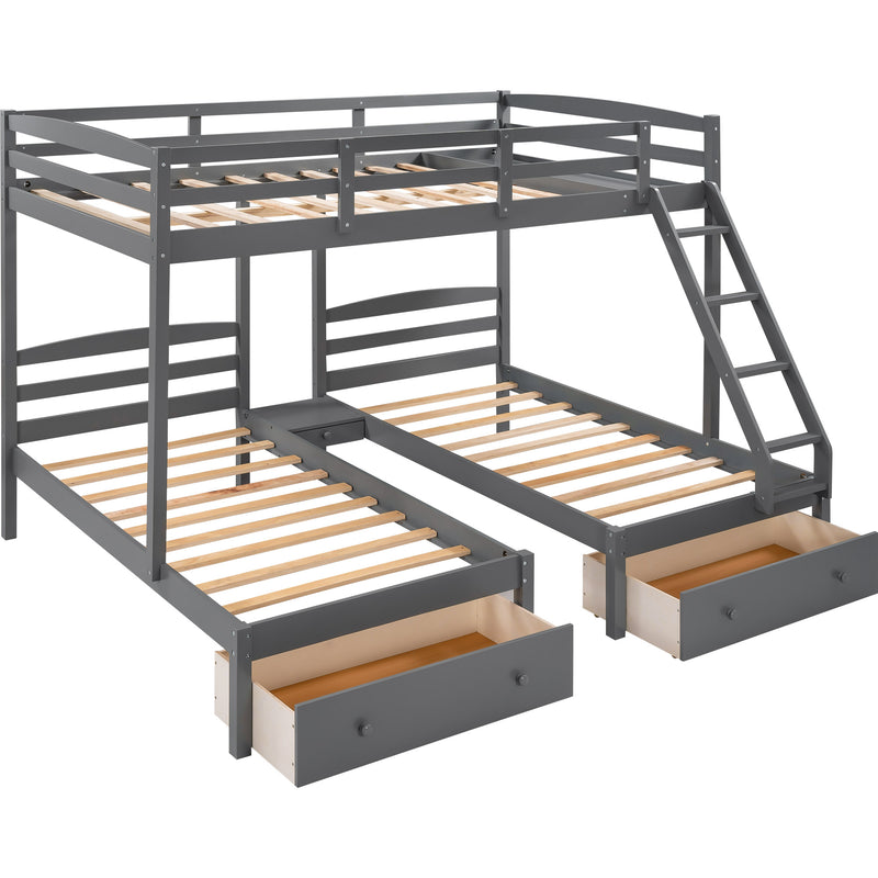 Full over Twin & Twin Bunk Bed,Triple Bunk Bed with Drawers, Gray