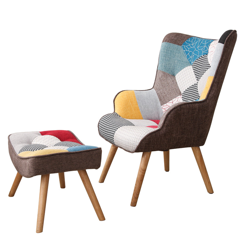 Chair and Ottoman, Accent Chairs for Bedroom, Modern Colourful and Patchwork Reading Chair with Solid Wood Legs, Linen Fabric Napping Armchair for Living Room