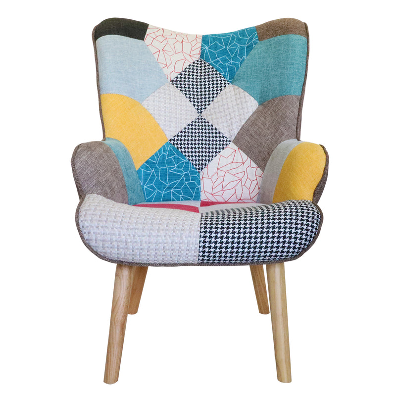 Chair and Ottoman, Accent Chairs for Bedroom, Modern Colourful and Patchwork Reading Chair with Solid Wood Legs, Linen Fabric Napping Armchair for Living Room