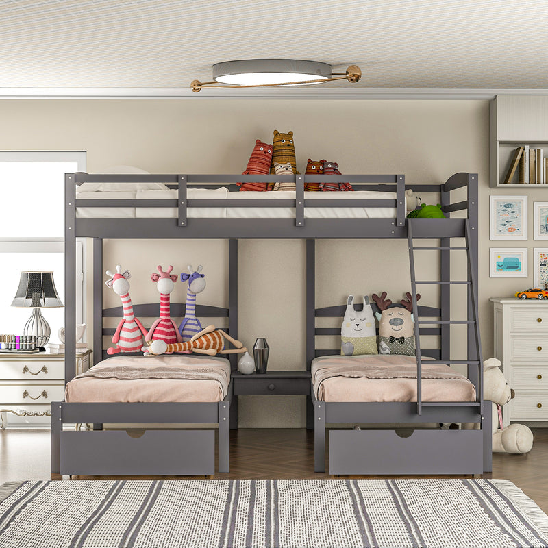 Full over Twin & Twin Bunk Bed,Triple Bunk Bed with Drawers, Gray