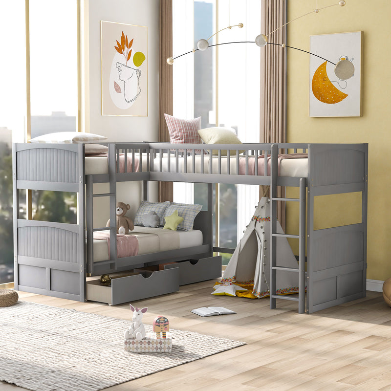 Twin Size Bunk Bed with a Loft Bed attached, with Two Drawers