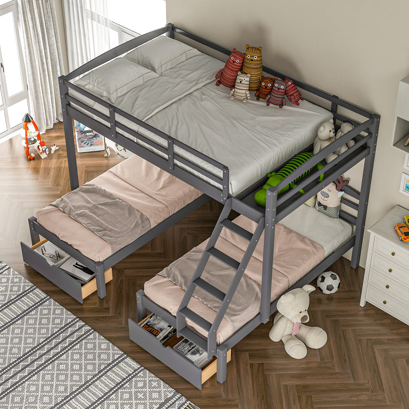 Full over Twin & Twin Bunk Bed,Triple Bunk Bed with Drawers, Gray