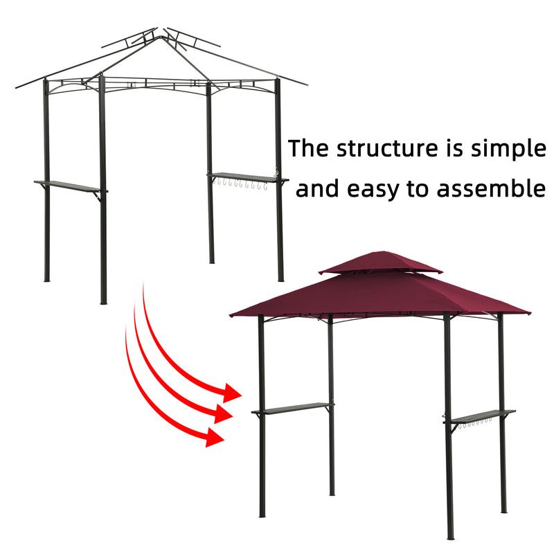 Outdoor Grill Gazebo With Light, 8 x 5 Ft Shelter Tent, Double Tier Soft Top Canopy And Steel Frame With Hook And Bar Counters, Burgundy