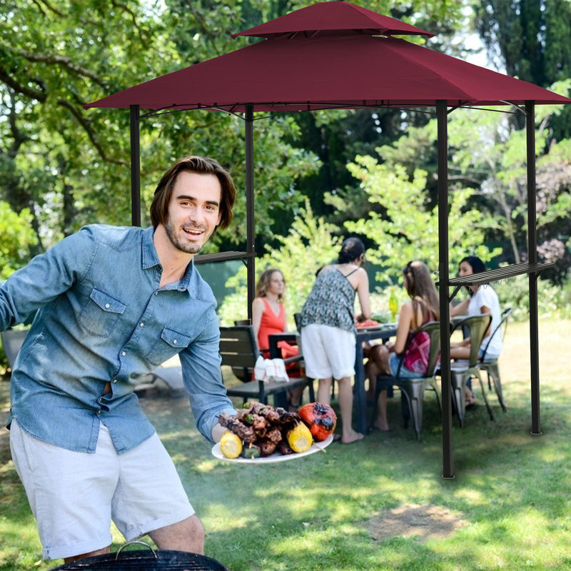 Outdoor Grill Gazebo With Light, 8 x 5 Ft Shelter Tent, Double Tier Soft Top Canopy And Steel Frame With Hook And Bar Counters, Burgundy