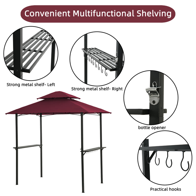 Outdoor Grill Gazebo With Light, 8 x 5 Ft Shelter Tent, Double Tier Soft Top Canopy And Steel Frame With Hook And Bar Counters, Burgundy