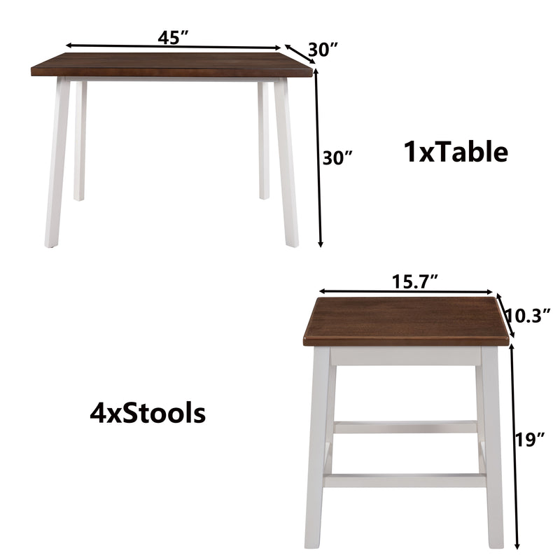 5-Piece Rustic Wood Kitchen Dining Table Set with 4 Stools for Small Places, Cherry+White