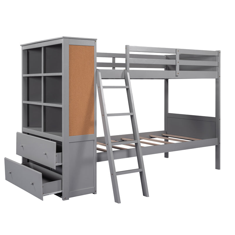 Wood Twin Over Twin Bunk Bed with Bookcase and Ladder, Multi-Functional Combination of Bunk Bed