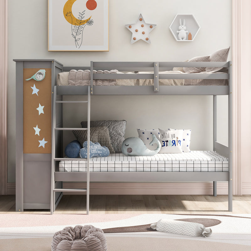 Wood Twin Over Twin Bunk Bed with Bookcase and Ladder, Multi-Functional Combination of Bunk Bed