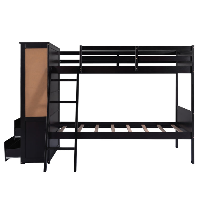 Wood Twin Over Twin Bunk Bed with Bookcase and Ladder, Multi-Functional Combination of Bunk Bed