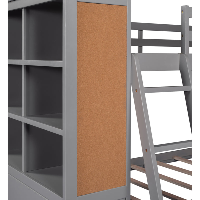 Wood Twin Over Twin Bunk Bed with Bookcase and Ladder, Multi-Functional Combination of Bunk Bed