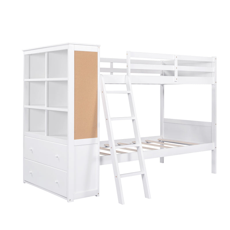 Wood Twin Over Twin Bunk Bed with Bookcase and Ladder, Multi-Functional Combination of Bunk Bed