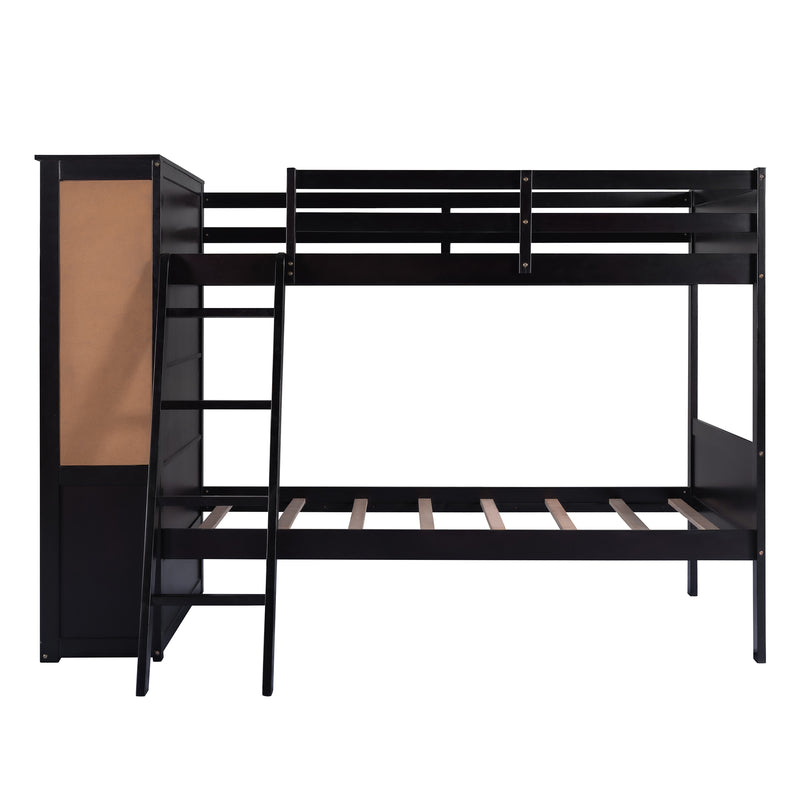 Wood Twin Over Twin Bunk Bed with Bookcase and Ladder, Multi-Functional Combination of Bunk Bed