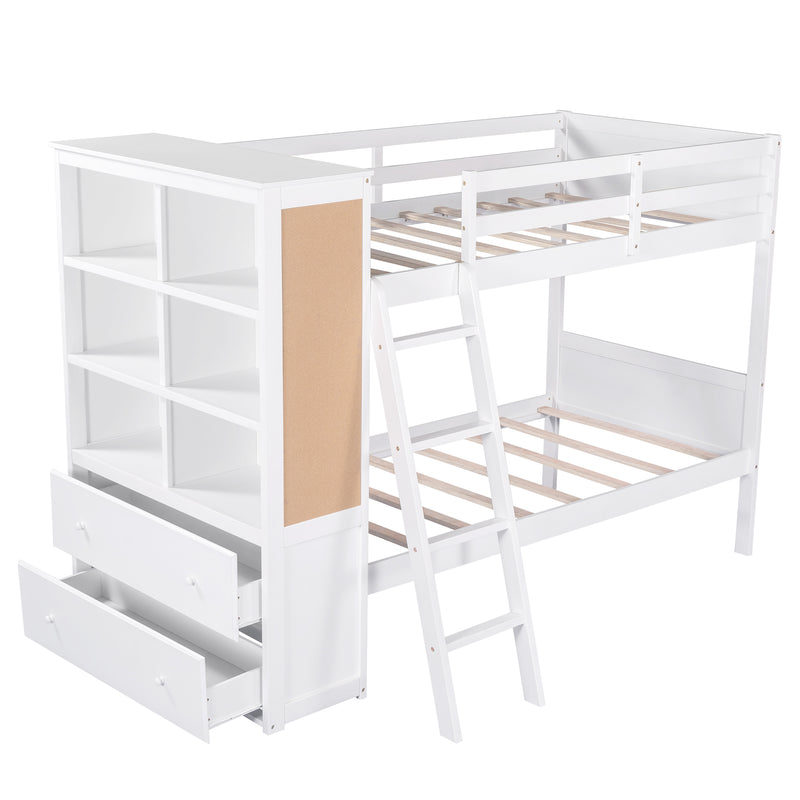 Wood Twin Over Twin Bunk Bed with Bookcase and Ladder, Multi-Functional Combination of Bunk Bed