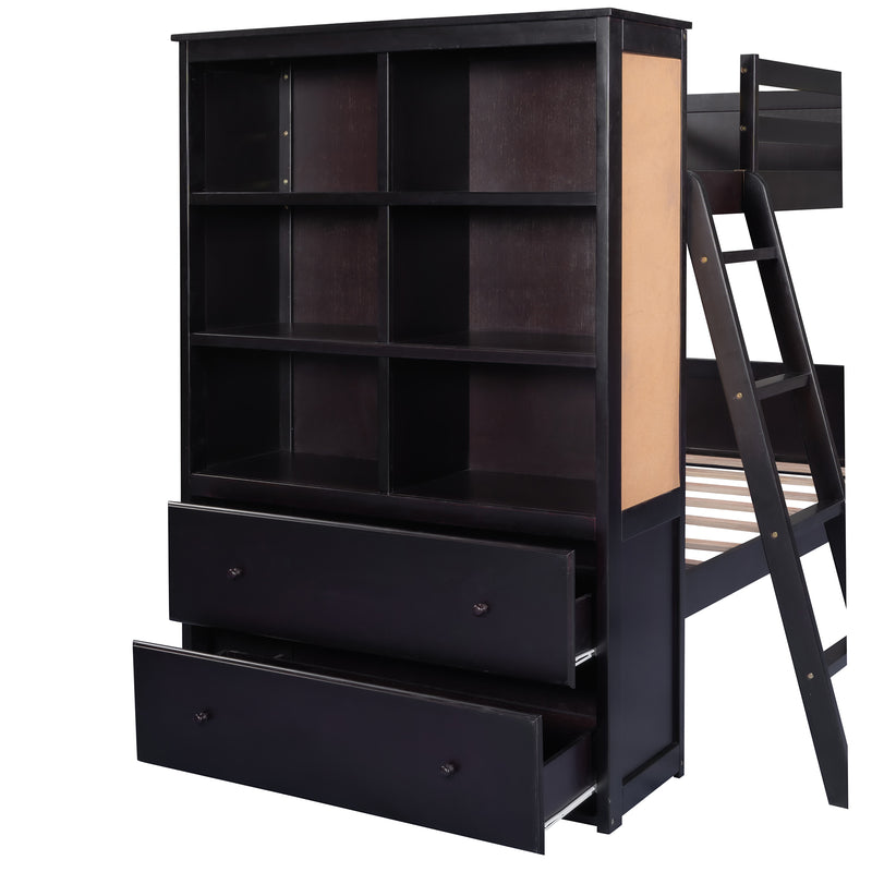 Wood Twin Over Twin Bunk Bed with Bookcase and Ladder, Multi-Functional Combination of Bunk Bed