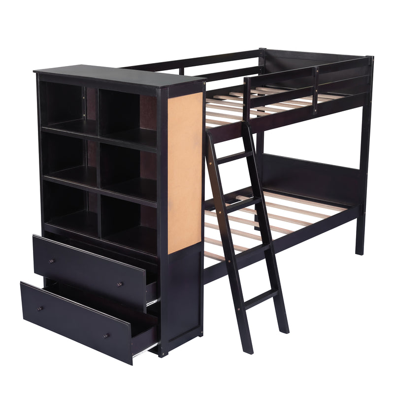 Wood Twin Over Twin Bunk Bed with Bookcase and Ladder, Multi-Functional Combination of Bunk Bed