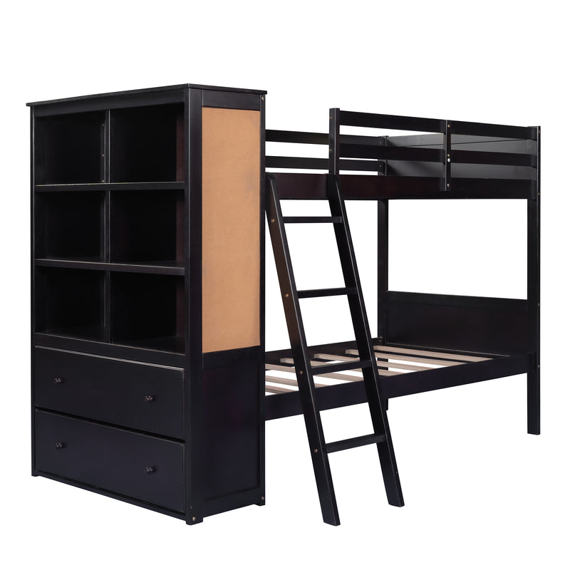 Wood Twin Over Twin Bunk Bed with Bookcase and Ladder, Multi-Functional Combination of Bunk Bed