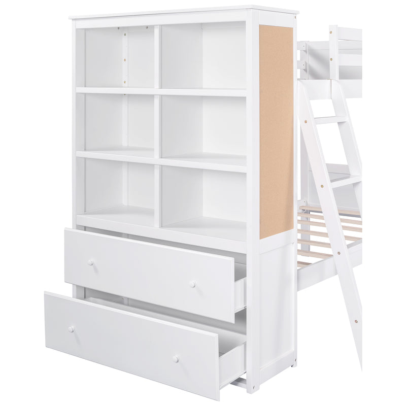 Wood Twin Over Twin Bunk Bed with Bookcase and Ladder, Multi-Functional Combination of Bunk Bed