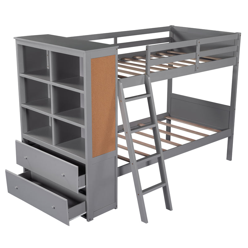 Wood Twin Over Twin Bunk Bed with Bookcase and Ladder, Multi-Functional Combination of Bunk Bed