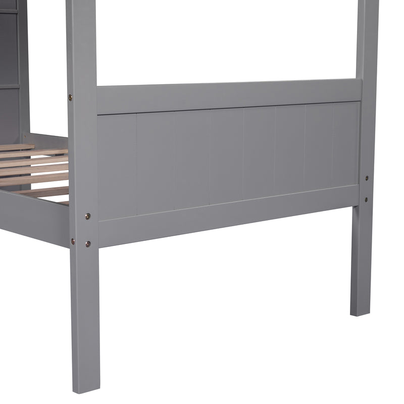 Wood Twin Over Twin Bunk Bed with Bookcase and Ladder, Multi-Functional Combination of Bunk Bed