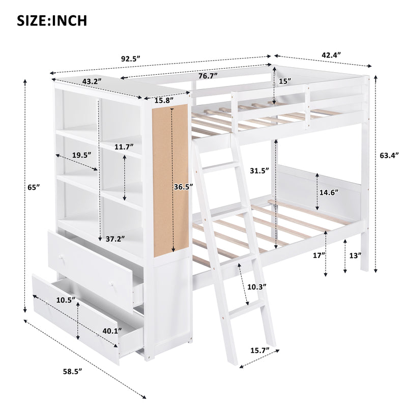 Wood Twin Over Twin Bunk Bed with Bookcase and Ladder, Multi-Functional Combination of Bunk Bed