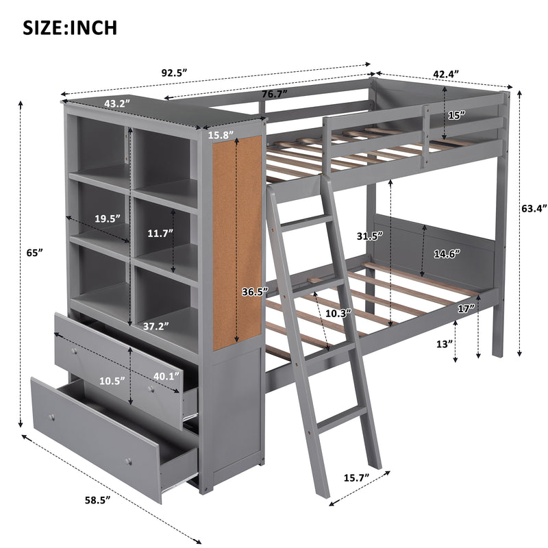 Wood Twin Over Twin Bunk Bed with Bookcase and Ladder, Multi-Functional Combination of Bunk Bed