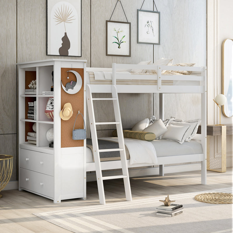 Wood Twin Over Twin Bunk Bed with Bookcase and Ladder, Multi-Functional Combination of Bunk Bed