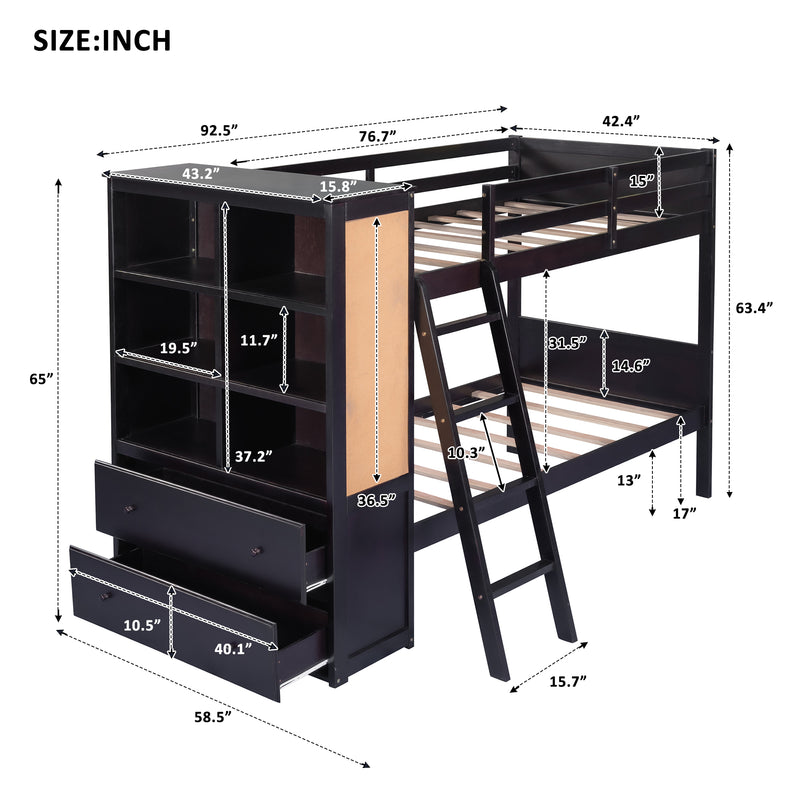 Wood Twin Over Twin Bunk Bed with Bookcase and Ladder, Multi-Functional Combination of Bunk Bed