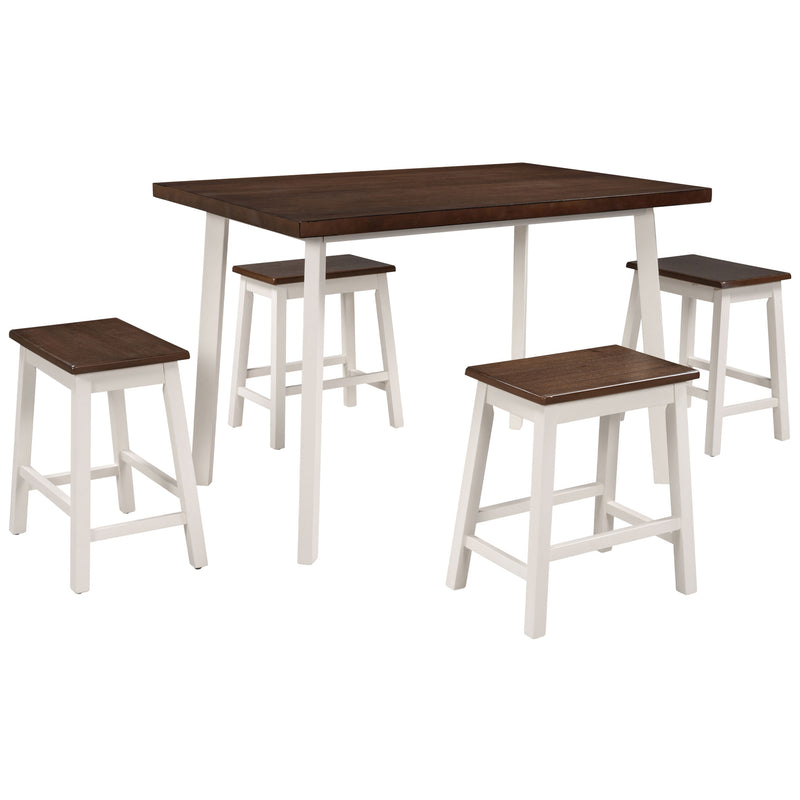 5-Piece Rustic Wood Kitchen Dining Table Set with 4 Stools for Small Places, Cherry+White