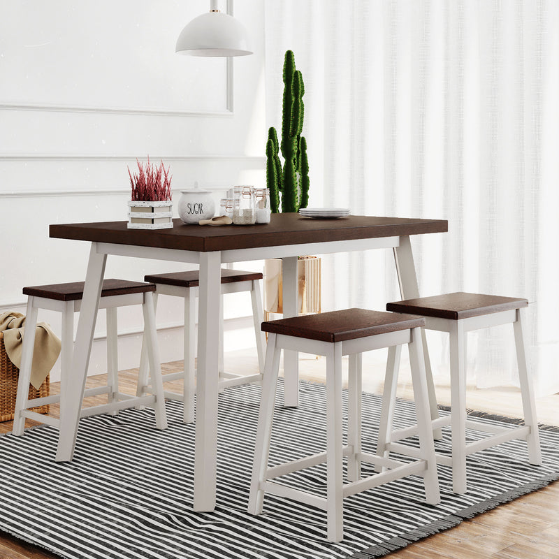 5-Piece Rustic Wood Kitchen Dining Table Set with 4 Stools for Small Places, Cherry+White