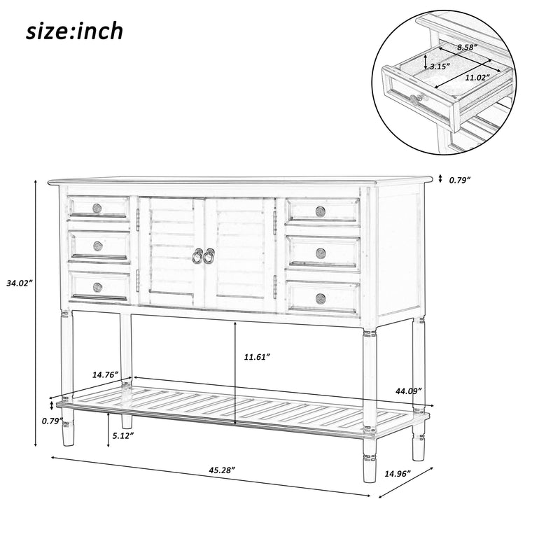 45'' Modern Console Table Sofa Table for Living Room with 6 Drawers, 1 Cabinets and 1 Shelf