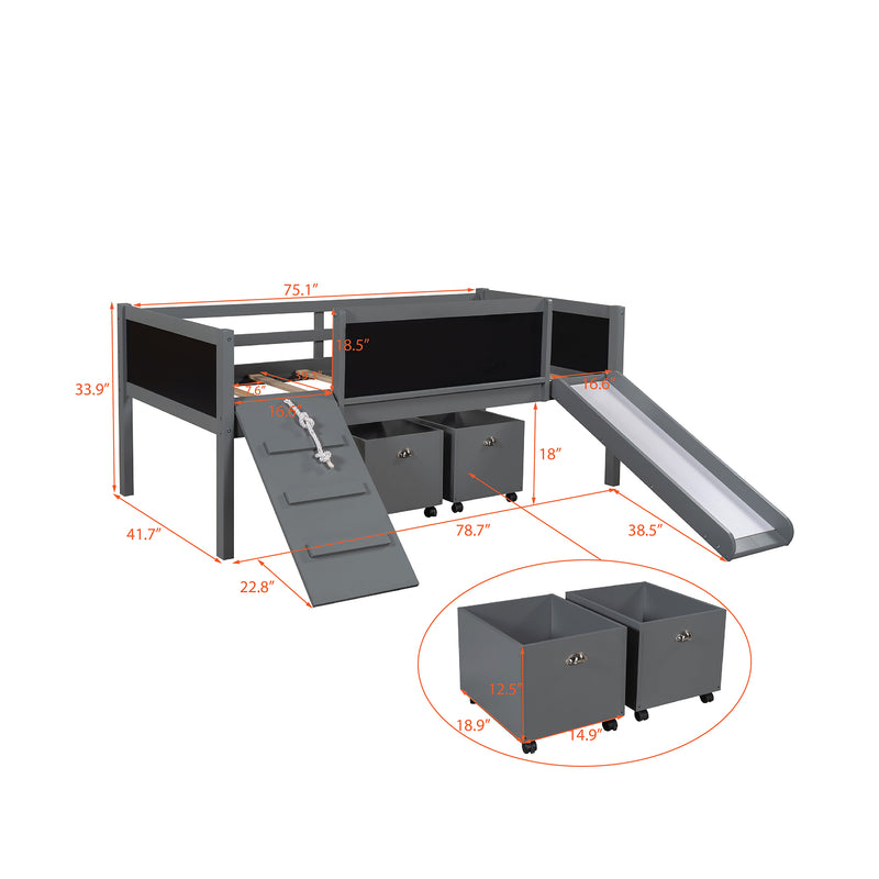 Twin size Loft Bed Wood Bed with Two Storage Boxes