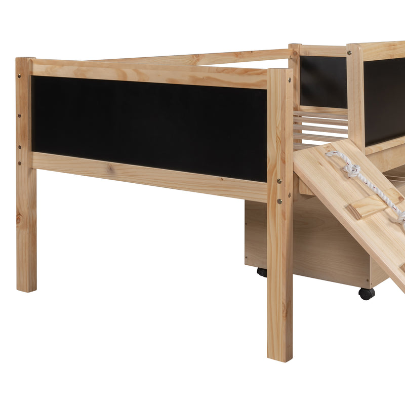 Twin size Loft Bed Wood Bed with Two Storage Boxes