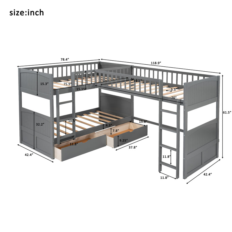 Twin Size Bunk Bed with a Loft Bed attached, with Two Drawers