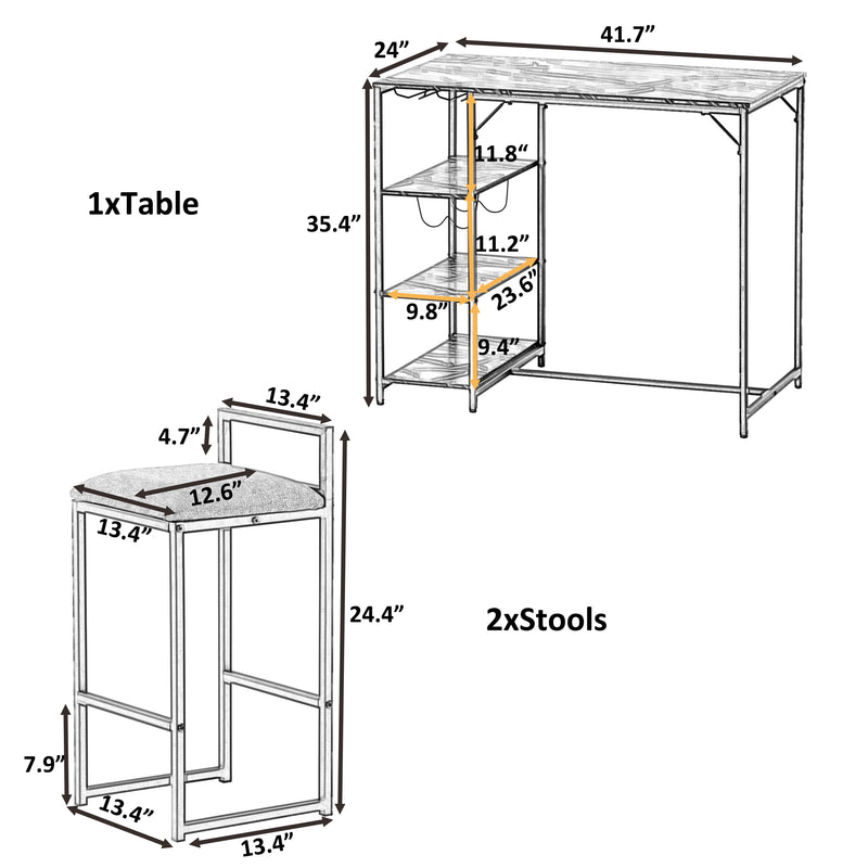 Counter Height 3-piece Bar Dining Table Set with 2 Upholstered Bar Stools/Chairs, 4 Glass Holders,2 Wine Racks and 3 Open Storage Shelves for Small Places, Faux Marble White+Golden Finish