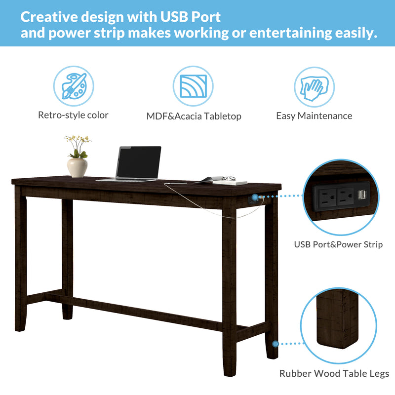 4 Pieces Counter Height Table with Fabric Padded Stools,Rustic Bar Dining Set with Socket