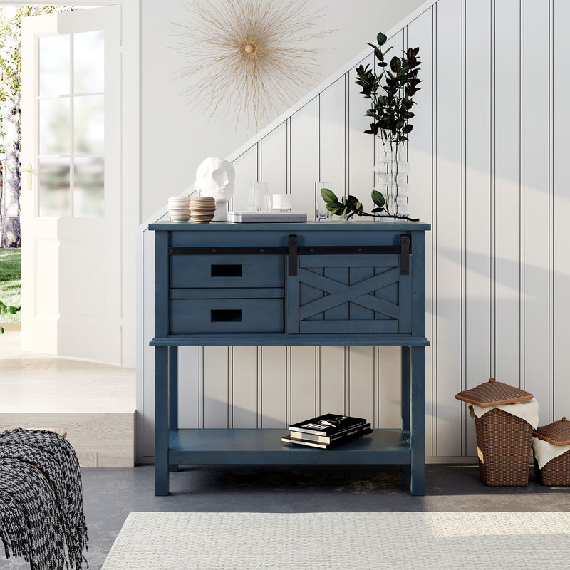 Classic Farmhouse Style Pine Wood Console Table with Sliding Barn Door and Two Drawers One Cabinet Open Style Shelf (Navy)