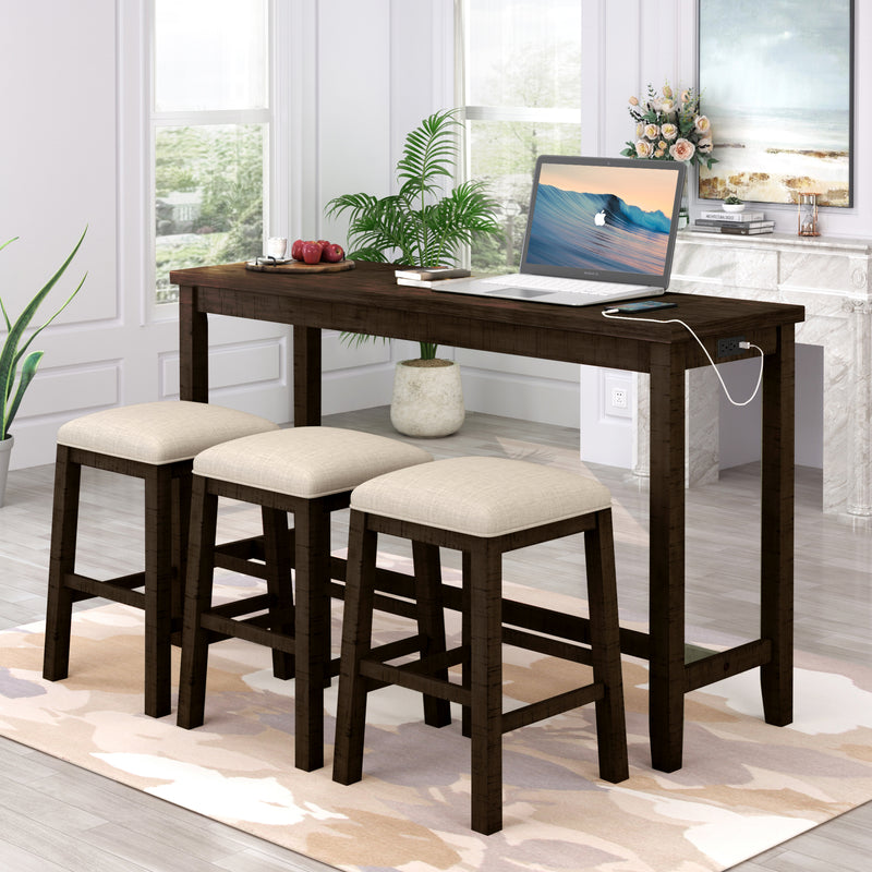 4 Pieces Counter Height Table with Fabric Padded Stools,Rustic Bar Dining Set with Socket