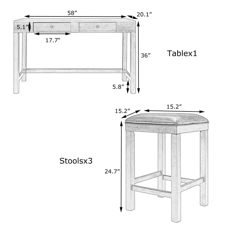 4-Piece Counter Height Table Set with Socket and Leather Padded Stools