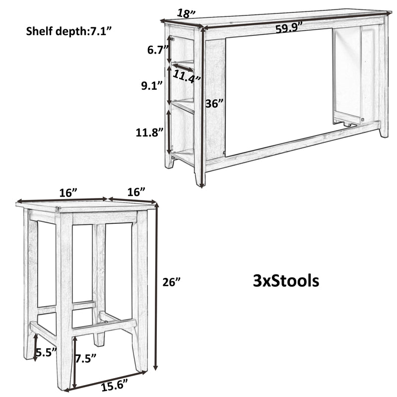 Rustic Farmhouse Counter Height Wood 4-Piece Kitchen Dining Table Set with 3 Stools and Storage Shelves, Gray
