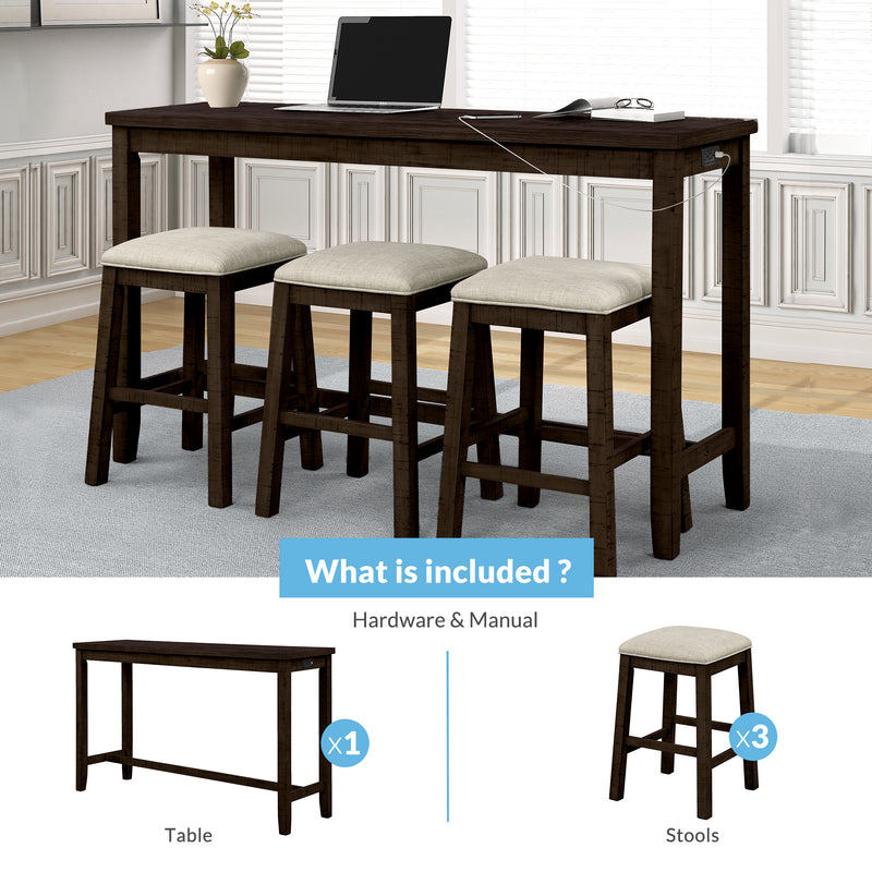 4 Pieces Counter Height Table with Fabric Padded Stools,Rustic Bar Dining Set with Socket