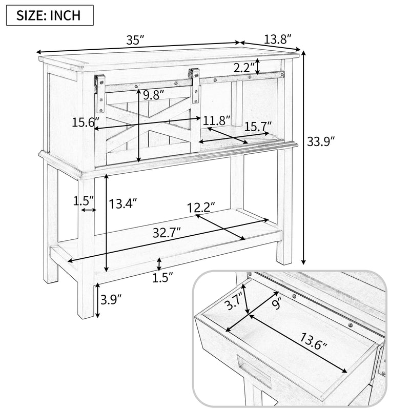 Classic Farmhouse Style Pine Wood Console Table with Sliding Barn Door and Two Drawers One Cabinet Open Style Shelf (Navy)