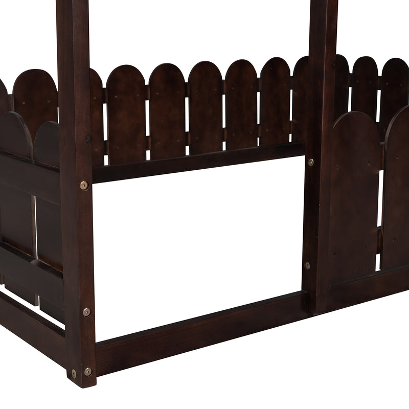 （Slats are not included)  Wood Bed House Bed Frame with Fence, for Kids, Teens, Girls, Boys