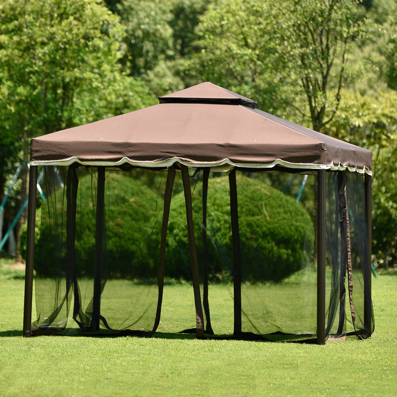 9.8Ft. Wx8.8Ft. H Outdoor Steel Vented Dome Top Patio Gazebo with Netting for Backyard, Poolside and Deck, Brown