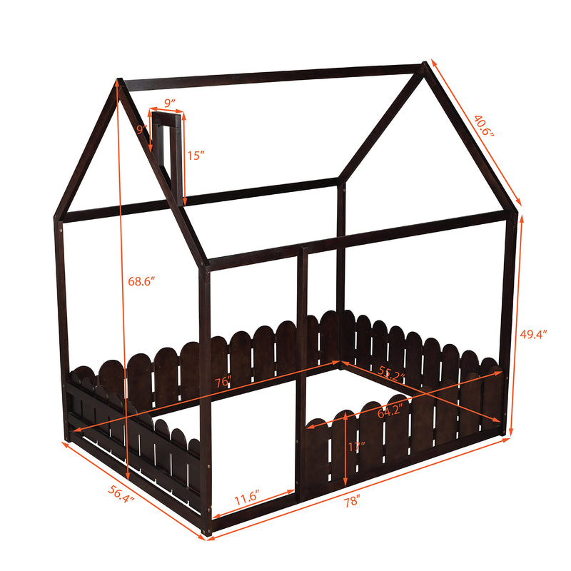 （Slats are not included)  Wood Bed House Bed Frame with Fence, for Kids, Teens, Girls, Boys